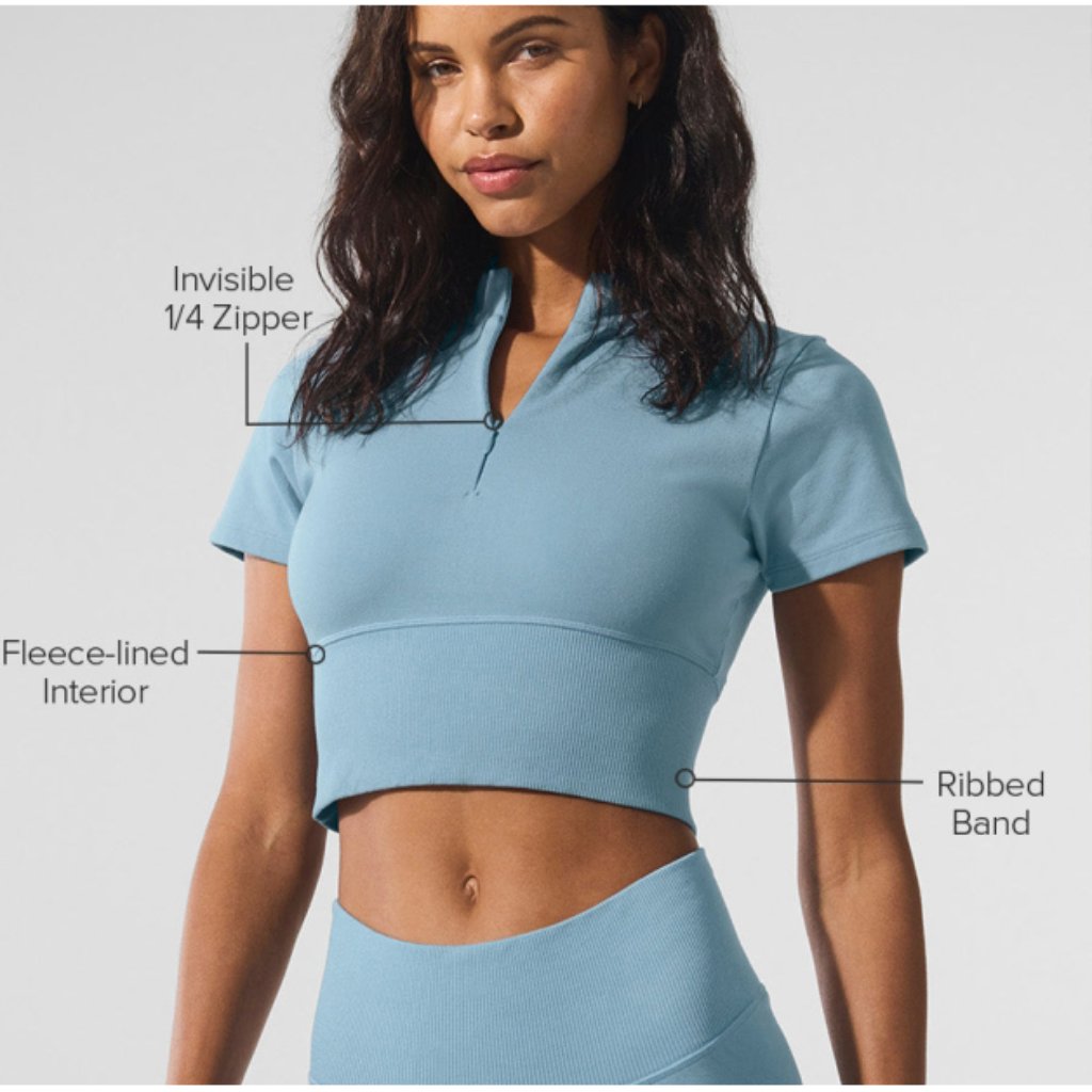 Alo Seamless Winter Warm Plush Cropped Short Sleeve Celestial Blue Zip-Up Henley